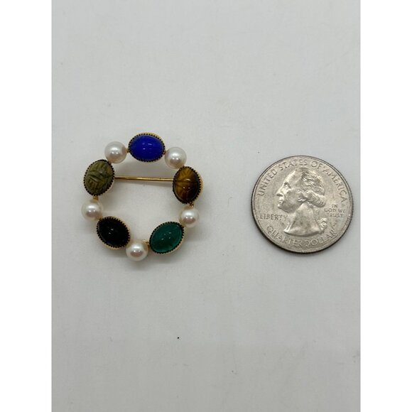 Vtg Wells Brooch Egyptian Revival Scarab Stone14k Gold-Filled Faux Pearl Wreath - Picture 13 of 14
